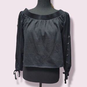 ROMEO & juliet cropped black Off the shoulder sweatshirt Eyelet & Tie Detailing